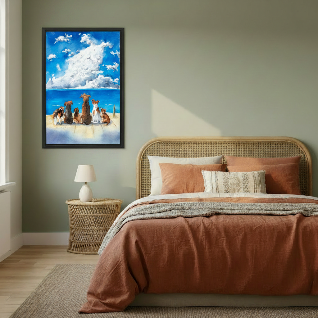 Dogs ocean view watercolor framed wall art print in modern living room above white sofa — coastal heartwarming home decor