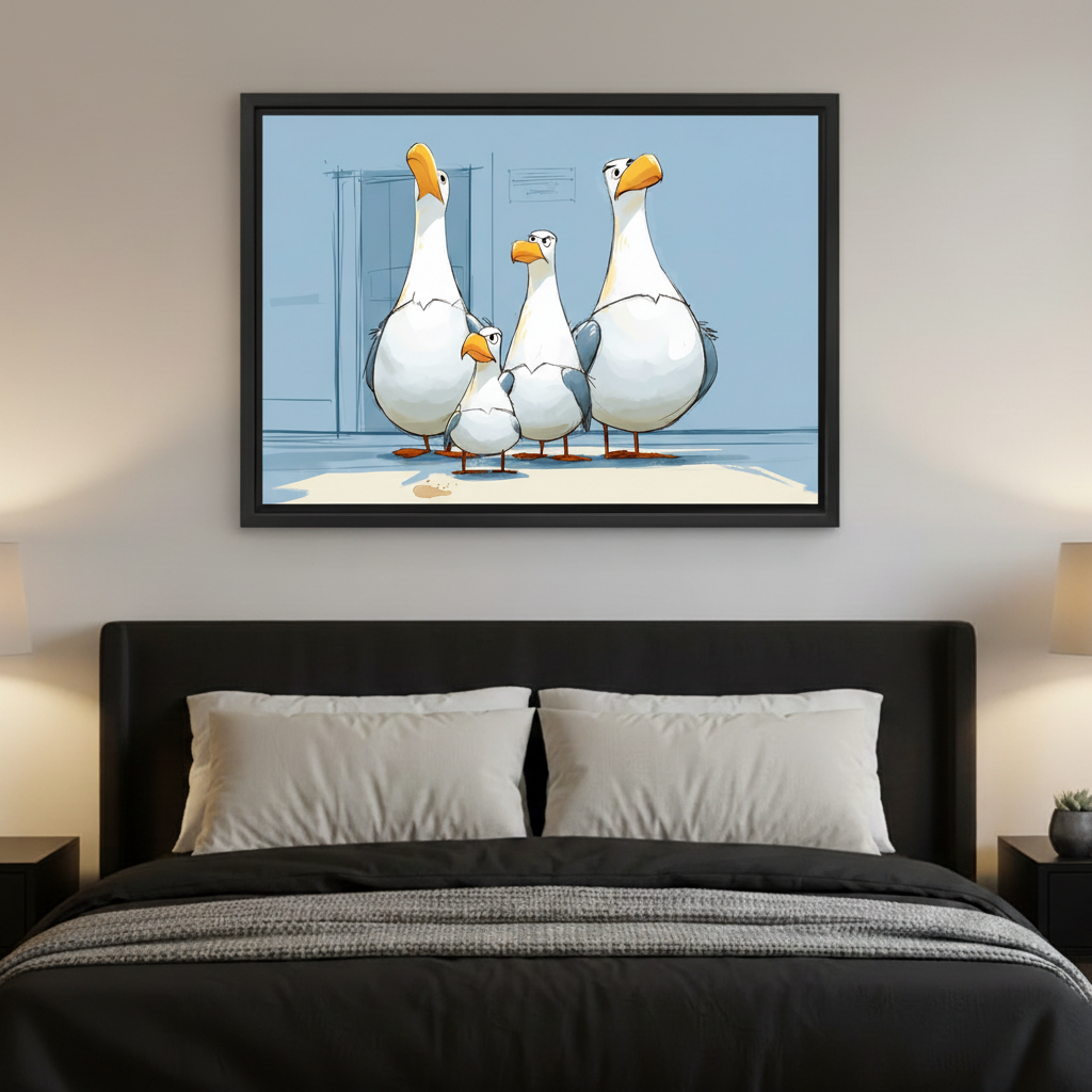 Cartoon seagull wall art in black frame above wooden console table, entryway decor
