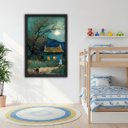 Moonlit cottage girl and cat impressionist canvas wall art above grey sofa, black frame, romantic teal night painting with red flowers and full moon, modern living room decor