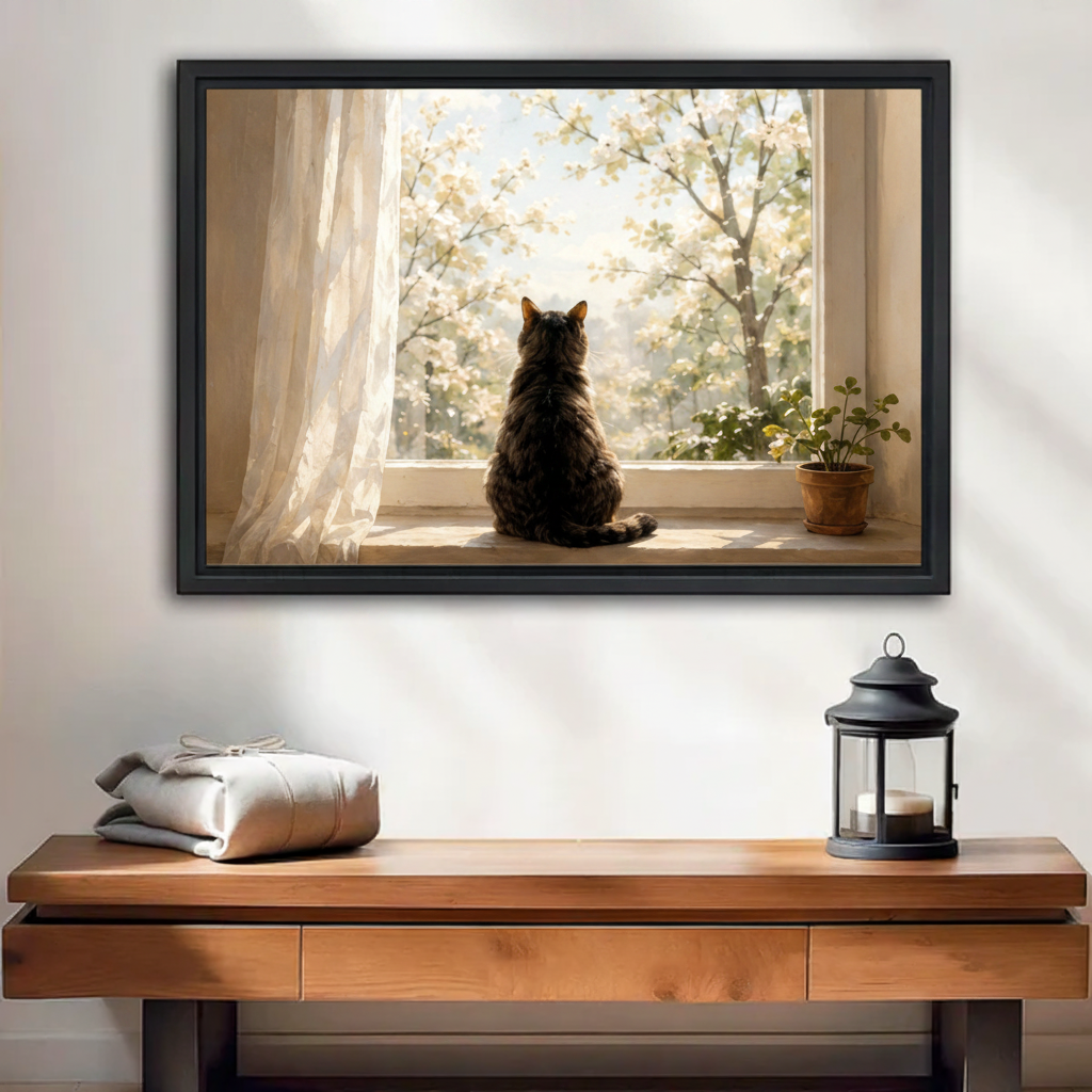 Cat watching spring blossoms framed canvas wall art print above entryway console table