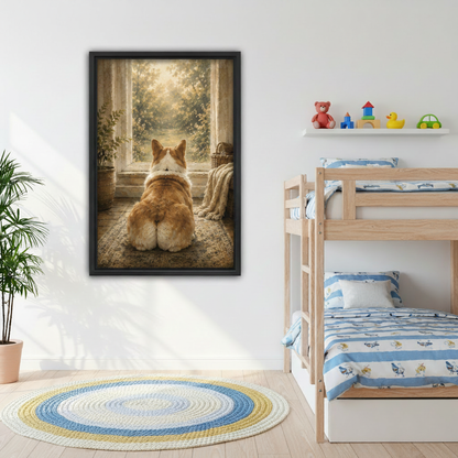 Fluffy corgi gazing out window vintage canvas print — framed art displayed in a cozy children's bedroom