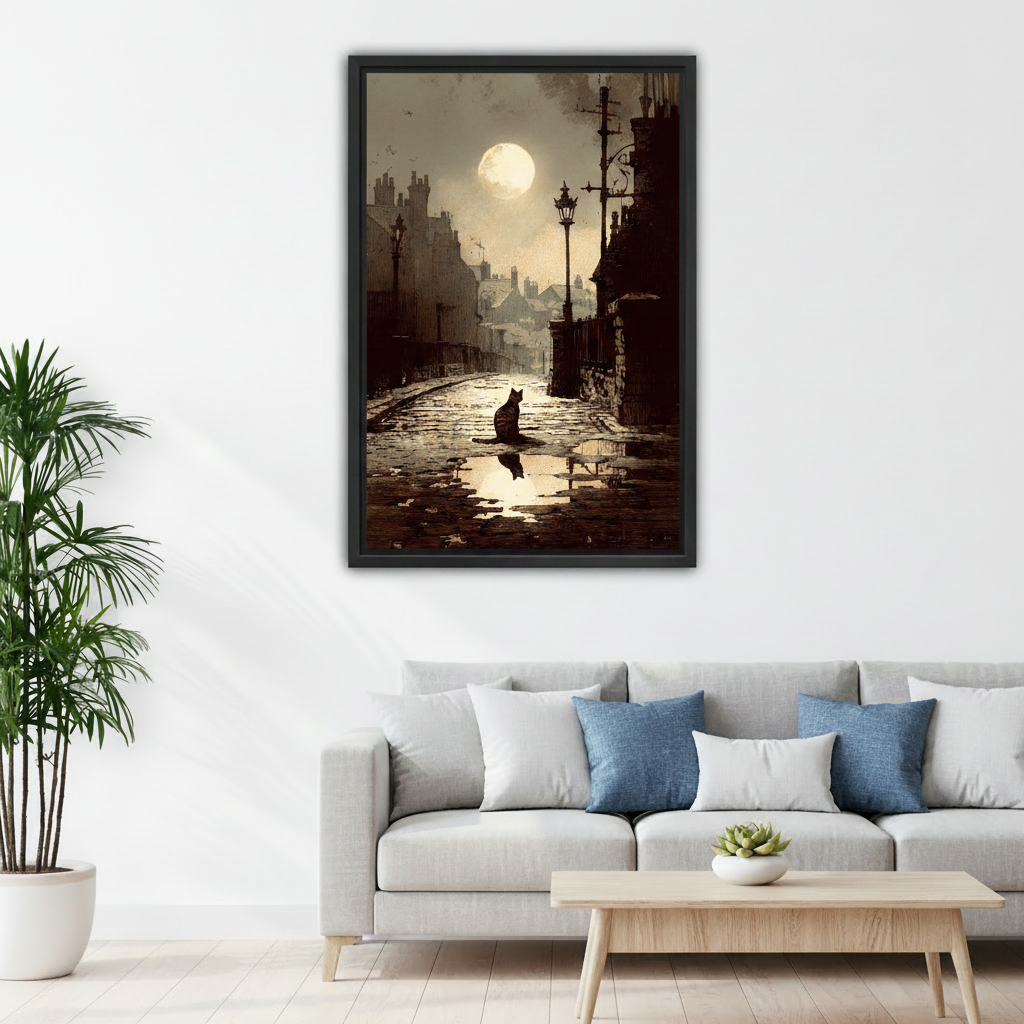 Gothic moonlit black cat framed canvas print adding dramatic atmosphere to bedroom wall decor