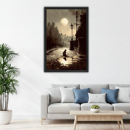 Gothic moonlit black cat framed canvas print adding dramatic atmosphere to bedroom wall decor