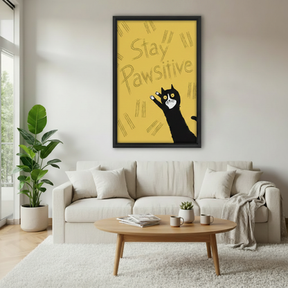 Funny black cat Stay Pawsitive canvas wall art in black frame – mustard yellow retro illustration, styled in warm Scandinavian bedroom with neutral linen bedding and wood nightstand