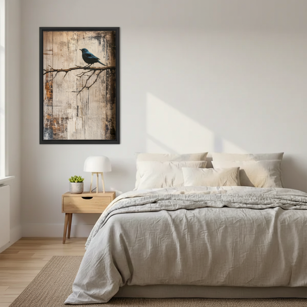 Blue bird on branch framed wall art, rustic distressed background, black picture frame, premium art print for home