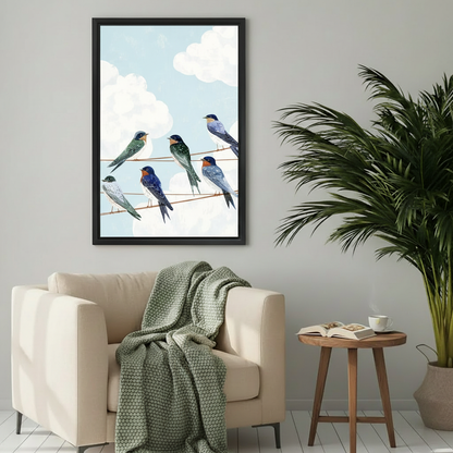 Swallows on wire wall art print detail showing flat illustration style with blue sky background