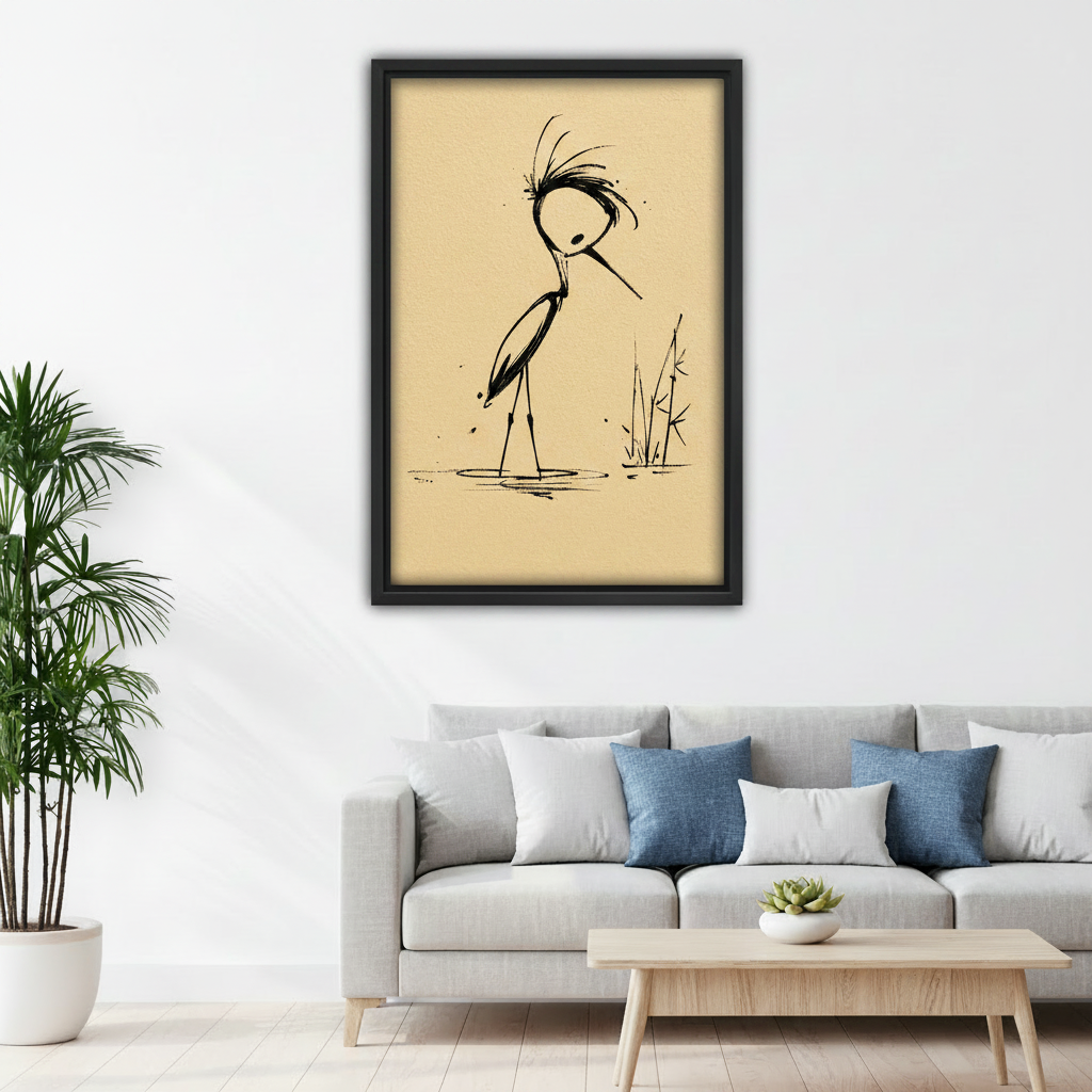 Zen ink crane botanical canvas art in kids bedroom — minimalist black ink crane on beige background, calming nature wall decor for children's room