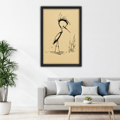 Zen ink crane botanical canvas art in kids bedroom — minimalist black ink crane on beige background, calming nature wall decor for children's room