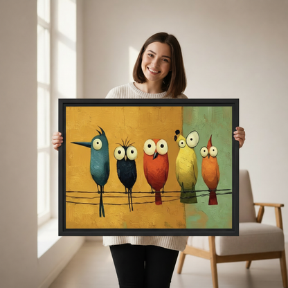 Woman holding large colorful cartoon birds canvas print, whimsical bird wall art on wire, fun eclectic home decor gift idea