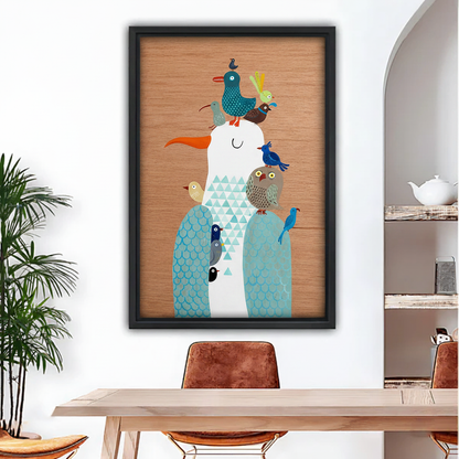 Colorful stacked birds folk art framed canvas wall art above dining table, whimsical bird tower on wood grain background home decor