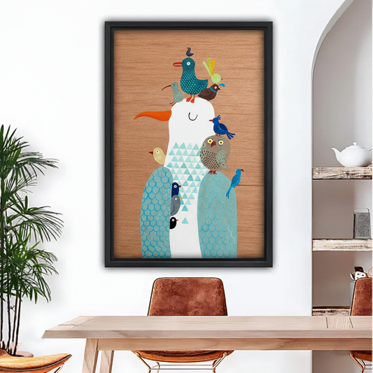 Colorful stacked birds folk art framed canvas wall art above dining table, whimsical bird tower on wood grain background home decor