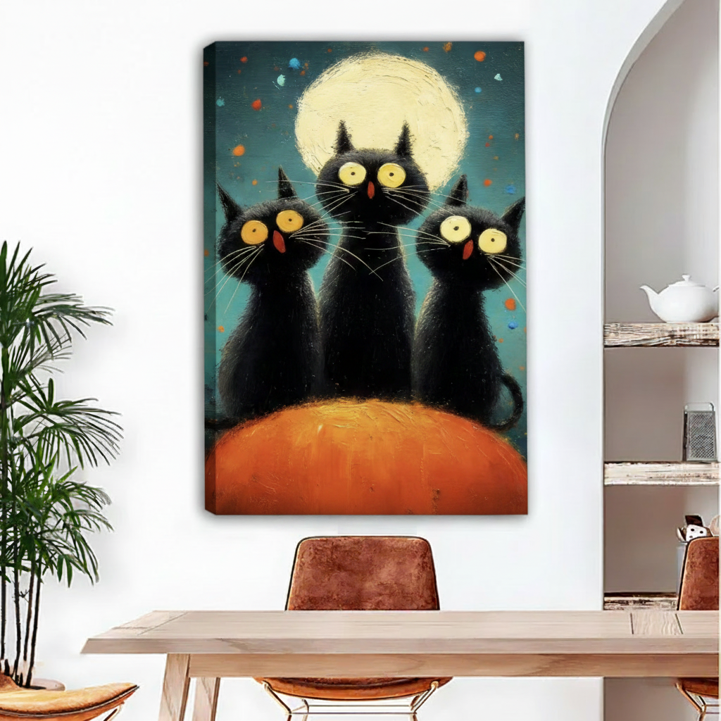 Three black cats moon pop art framed print, black frame, whimsical yellow0eyed cats on orange pumpkin, displayed in a children's bedroom