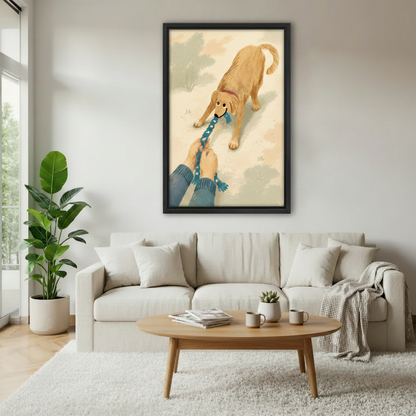 Stubborn golden retriever framed wall art in modern living room — humorous dog canvas print for living room decor