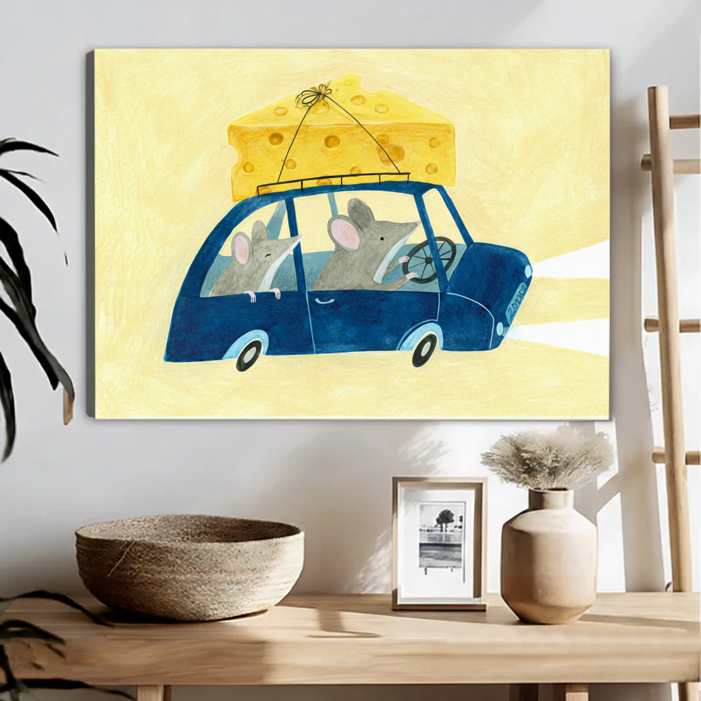 Cute mice driving car watercolor art print — whimsical kids room wall decor with yellow background and cheese on roof