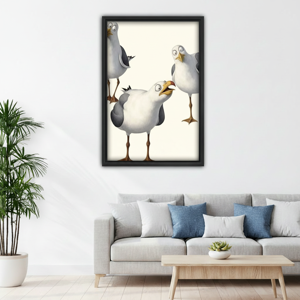 Funny seagull trio canvas wall art – black frame styled above rustic desk in boho home office