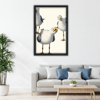 Funny seagull trio canvas wall art – black frame styled above rustic desk in boho home office