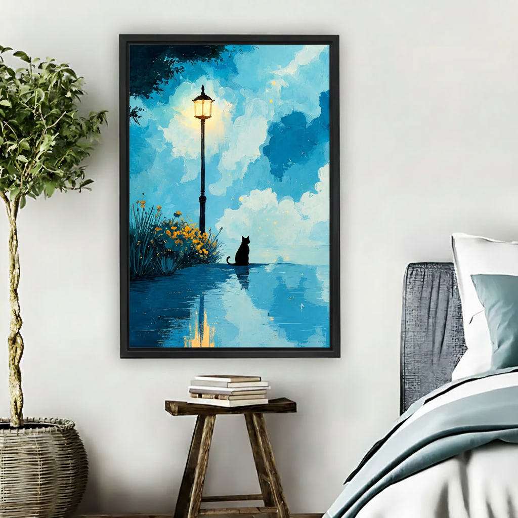 Dreamy blue oil painting wall art print, black cat sitting by glowing lantern at night, black frame