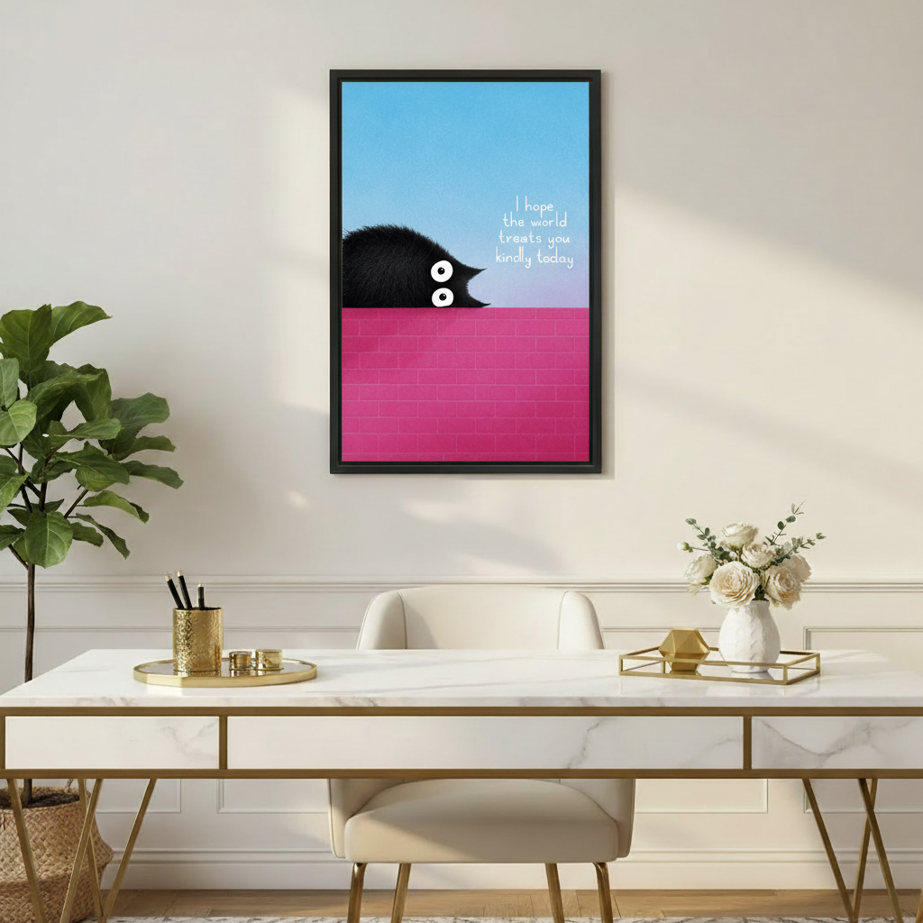 Black cat framed canvas wall art above marble desk, cat lover home decor