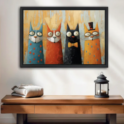 Quirky cat gang colorful framed canvas wall art, four cats in bow tie and top hat