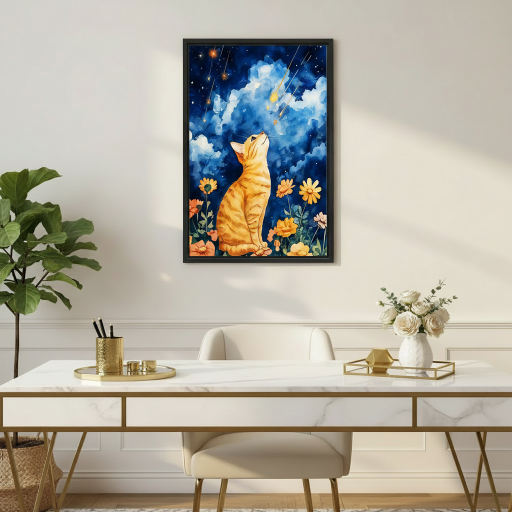 Whimsical cat starry night watercolor wall art, blue floral canvas print