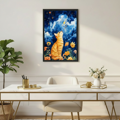 Whimsical cat starry night watercolor wall art, blue floral canvas print