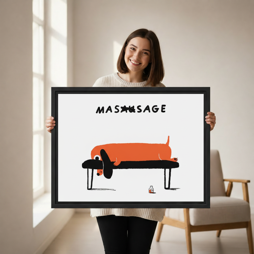 Funny dachshund massage canvas print in black frame — humorous dog self-care wall art for bedroom or entryway