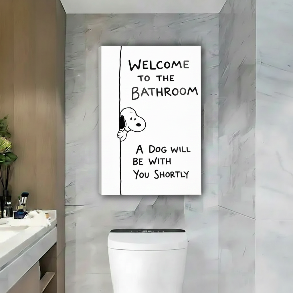 Funny dog bathroom canvas art frameless print – quirky dog wall decor for home bathroom