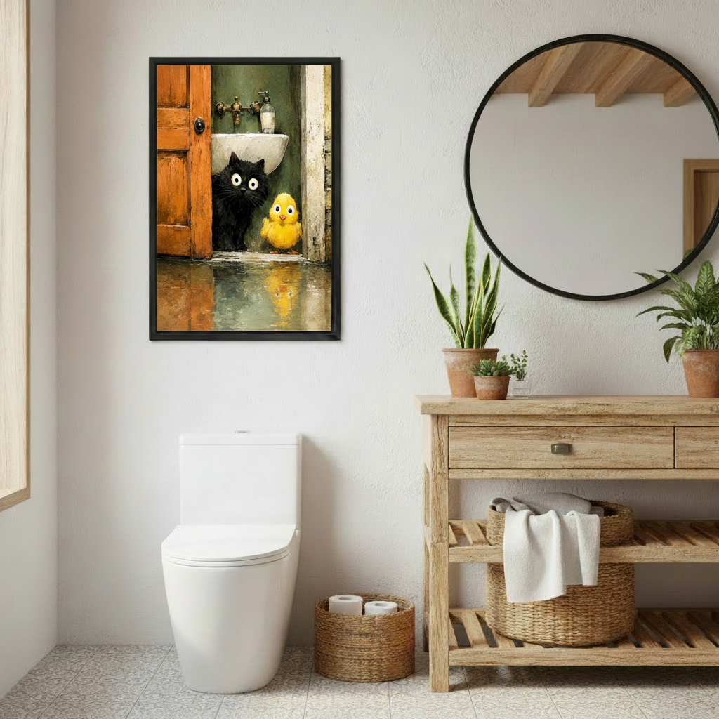 Cat and chick bedroom wall art print adding whimsical charm to cozy bedroom decor