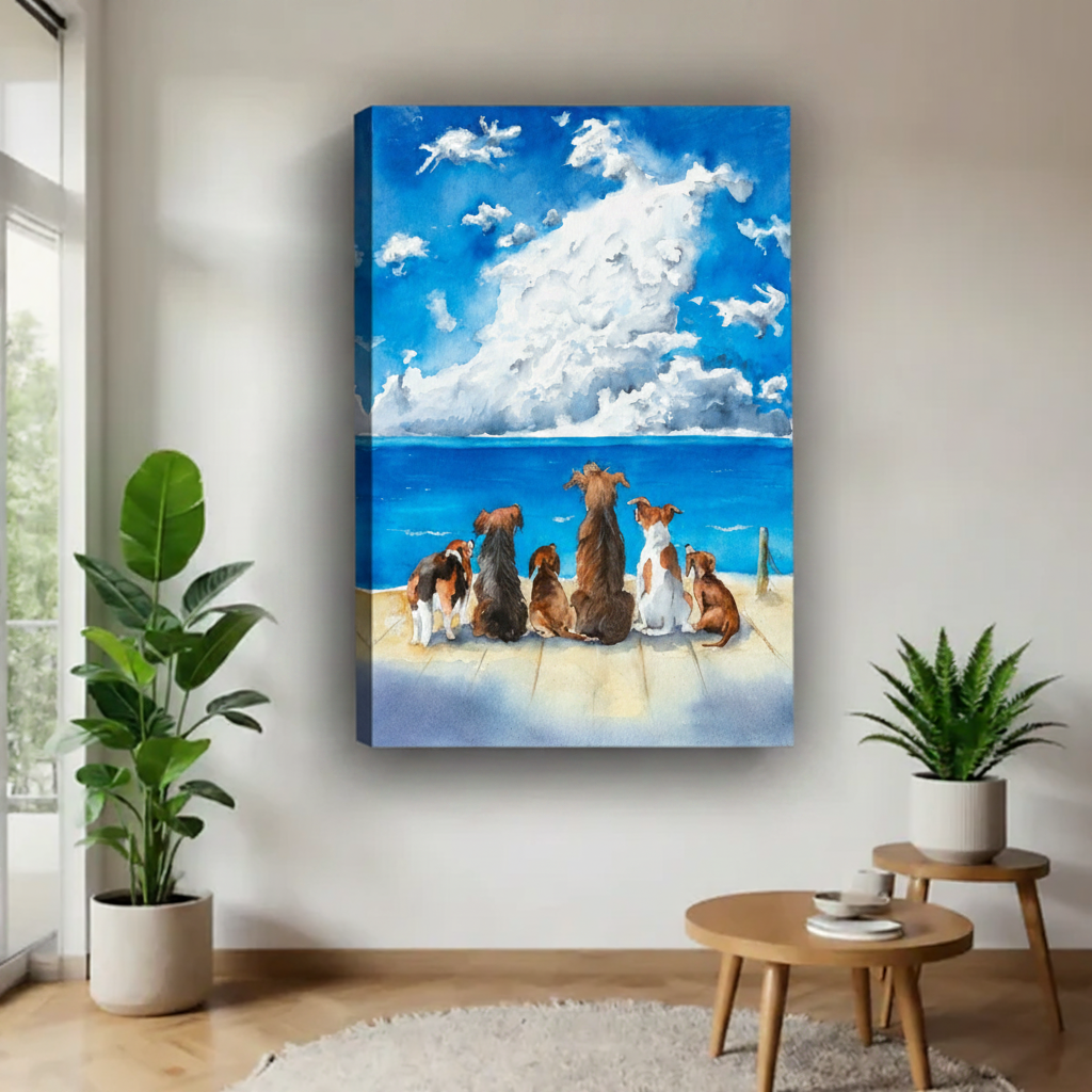 Dogs ocean view watercolor canvas art print no frame gallery wrap — coastal dog lover wall decor