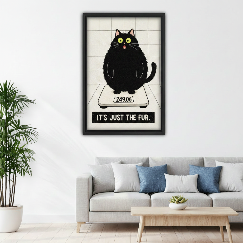 Funny fat cat scale canvas wall art, living room sofa wall, humorous cat home decor