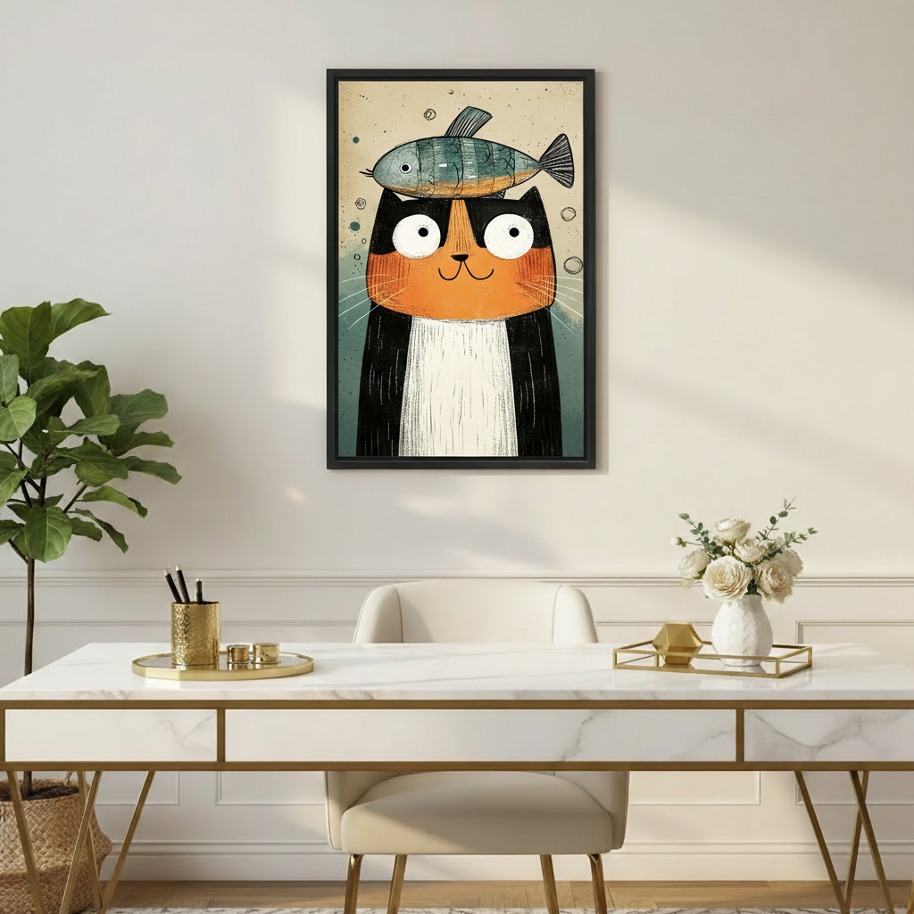 Funny cat wall art print for bedroom decor, whimsical animal canvas