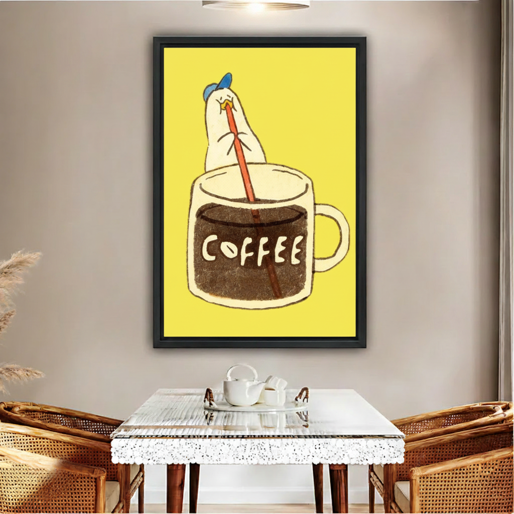 Funny chicken coffee cup yellow framed canvas wall art print above glass coffee table with rattan chairs