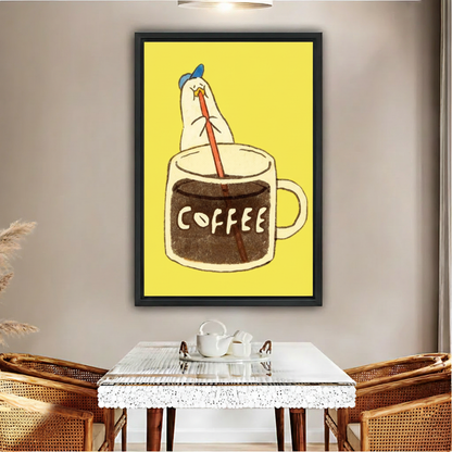 Funny chicken coffee cup yellow framed canvas wall art print above glass coffee table with rattan chairs