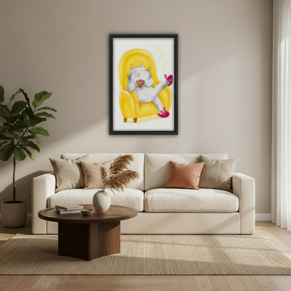 White cat relaxing in yellow chair with coffee canvas print in styled interior, cozy cat lover wall art