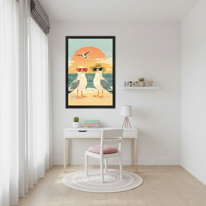 Retro seagulls sunglasses beach canvas wall art print in black frame above white desk in bright minimalist study room