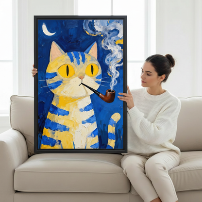 Woman holding Van Gogh cat framed canvas print – bold oil painting wall art for home