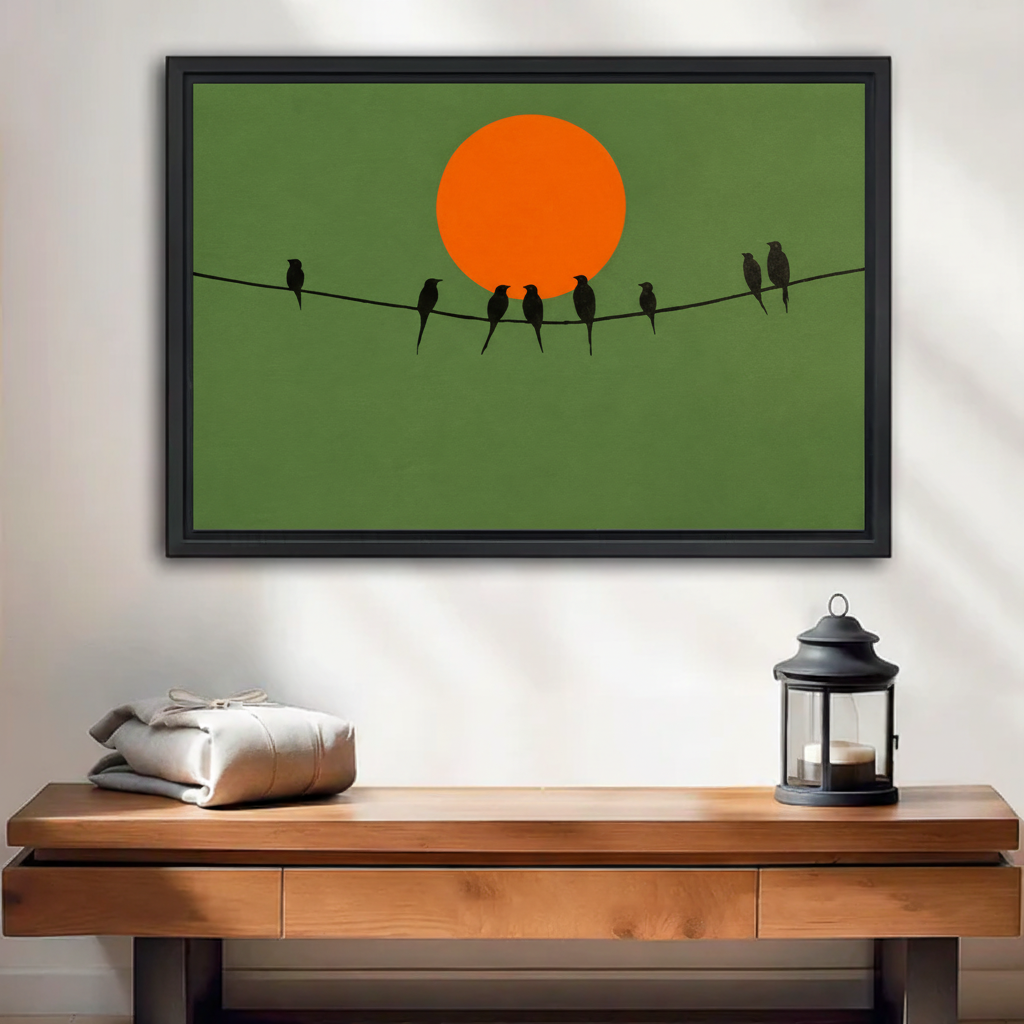 Minimalist birds on wire canvas wall art in black floating frame, bird silhouettes against orange sun on olive green background, hung above wooden console table with lantern