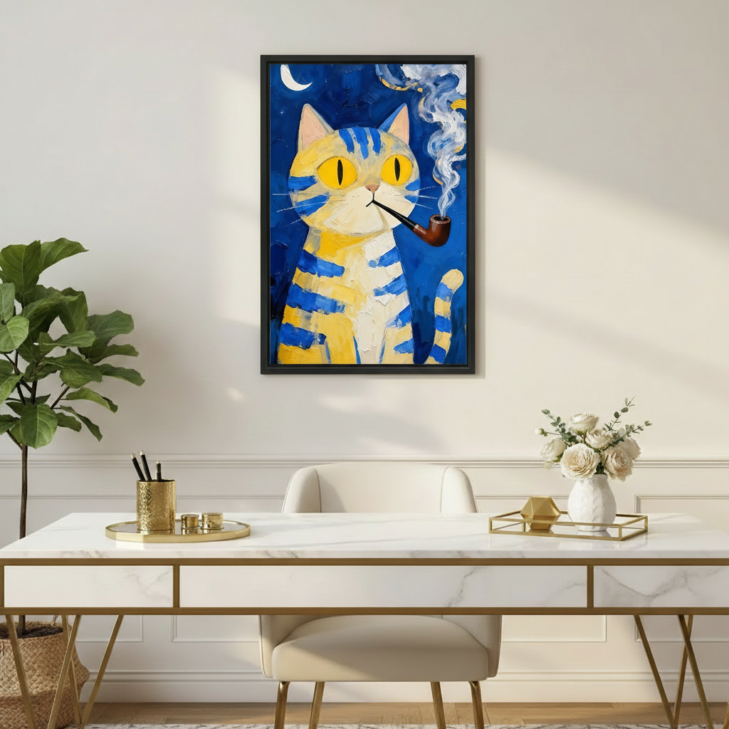 Van Gogh cat canvas print above marble desk with gold decor – eclectic oil painting wall art