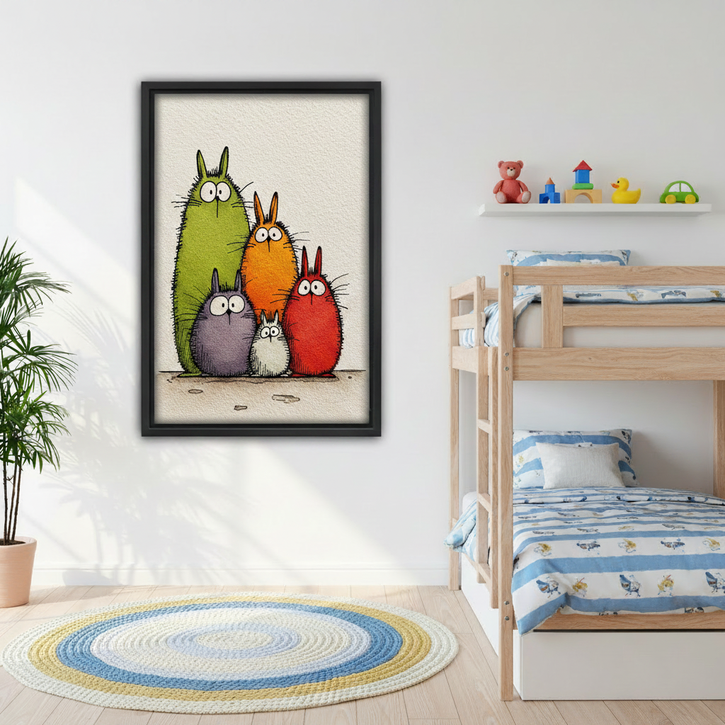Whimsical framed canvas art print featuring cartoon rabbit family