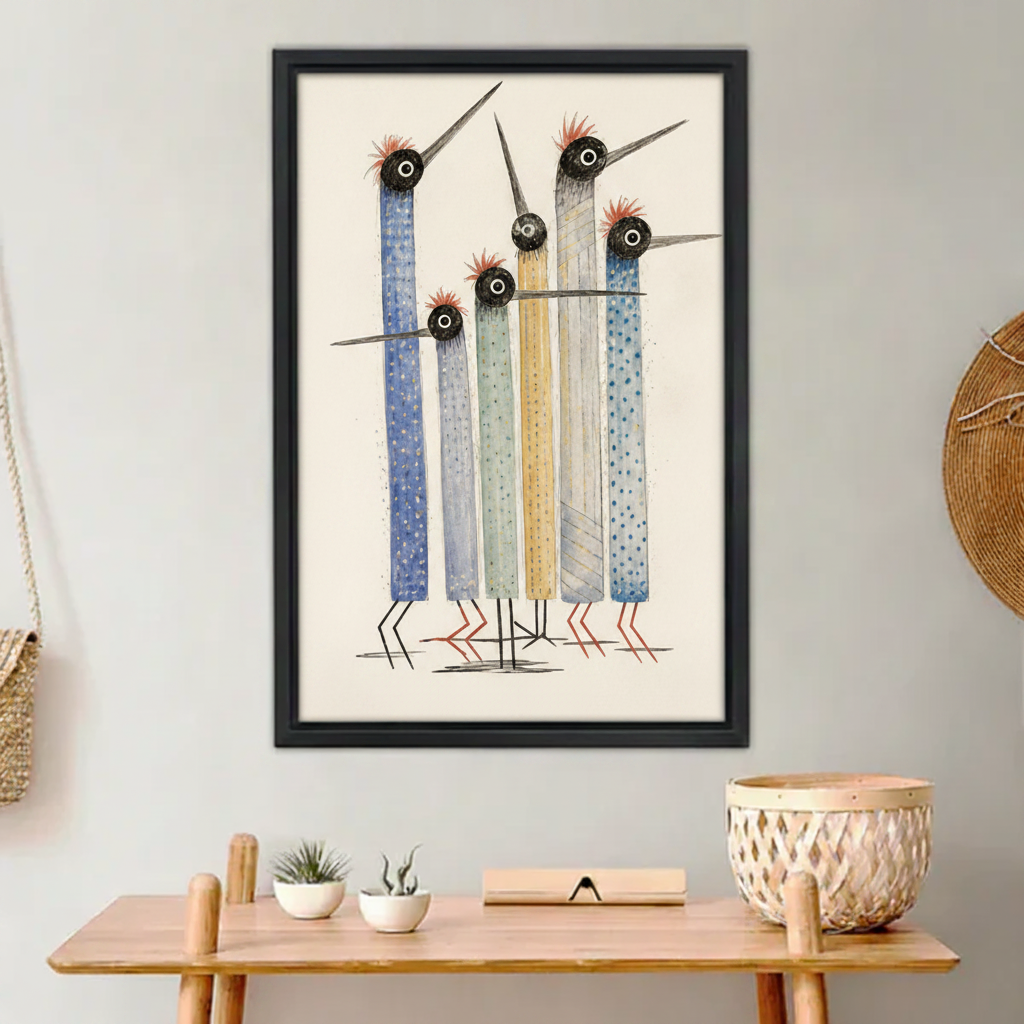 Whimsical watercolor bird wall art print, five abstract tall birds in blue and cream tones, black frame