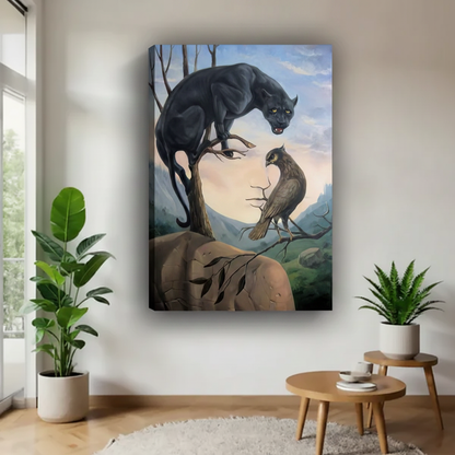 Surrealist black panther hawk gallery wrap canvas print — wildlife illusion art with hidden face, frameless wall decor for modern living spaces