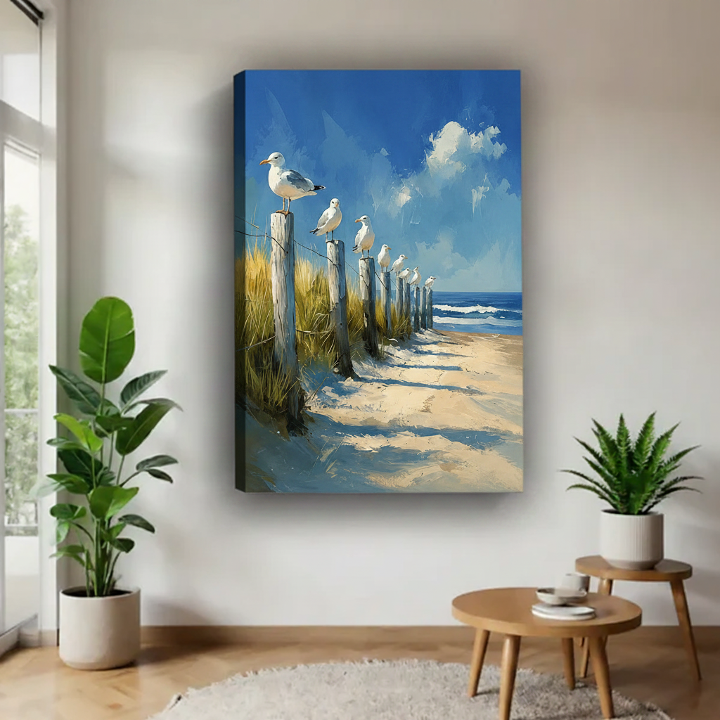 Seagull beach oil painting gallery wrap canvas — coastal birds on fence posts with sandy path and blue ocean, nautical wall decor