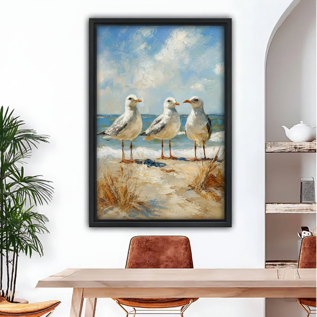 Coastal seagulls oil painting framed canvas wall art hanging above dining table in modern home