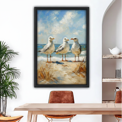 Coastal seagulls oil painting framed canvas wall art hanging above dining table in modern home