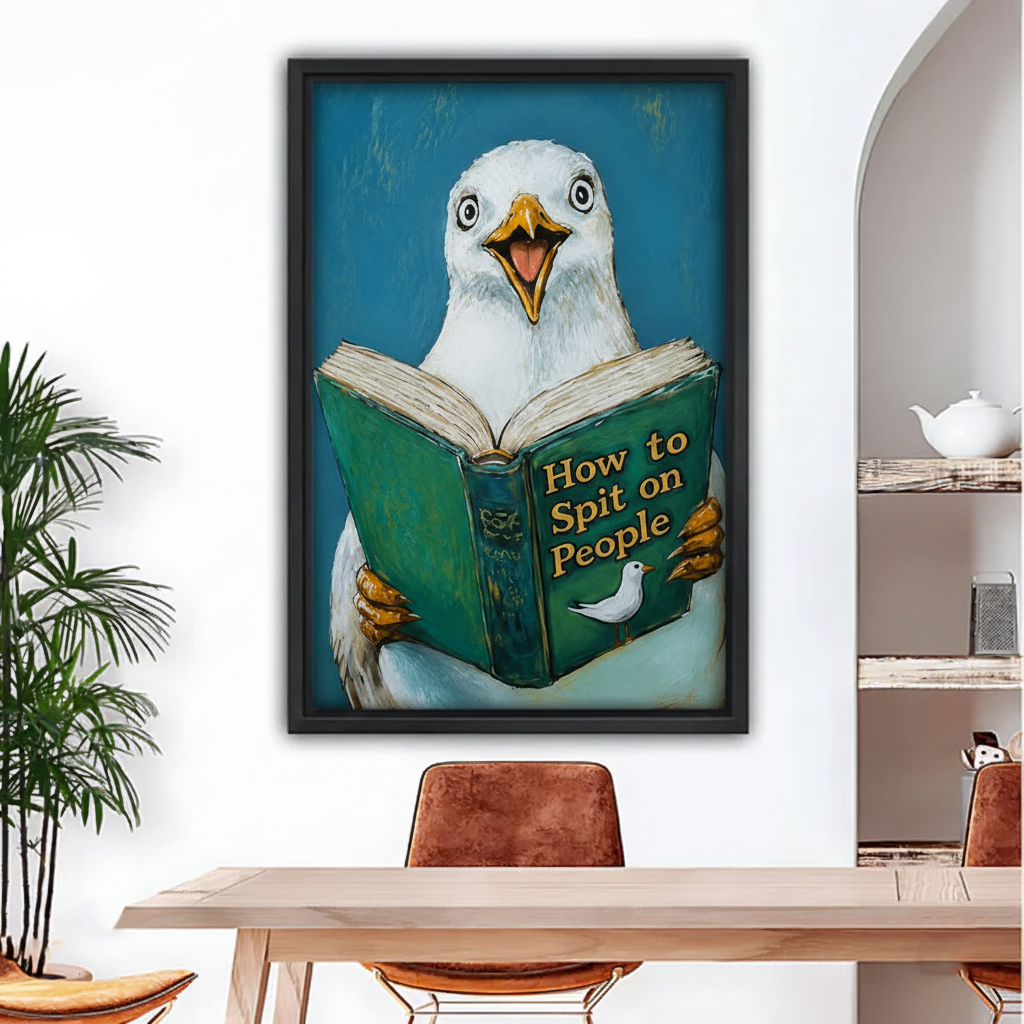 Funny seagull reading book humorous oil painting framed wall art, black frame, above dining table, teal background