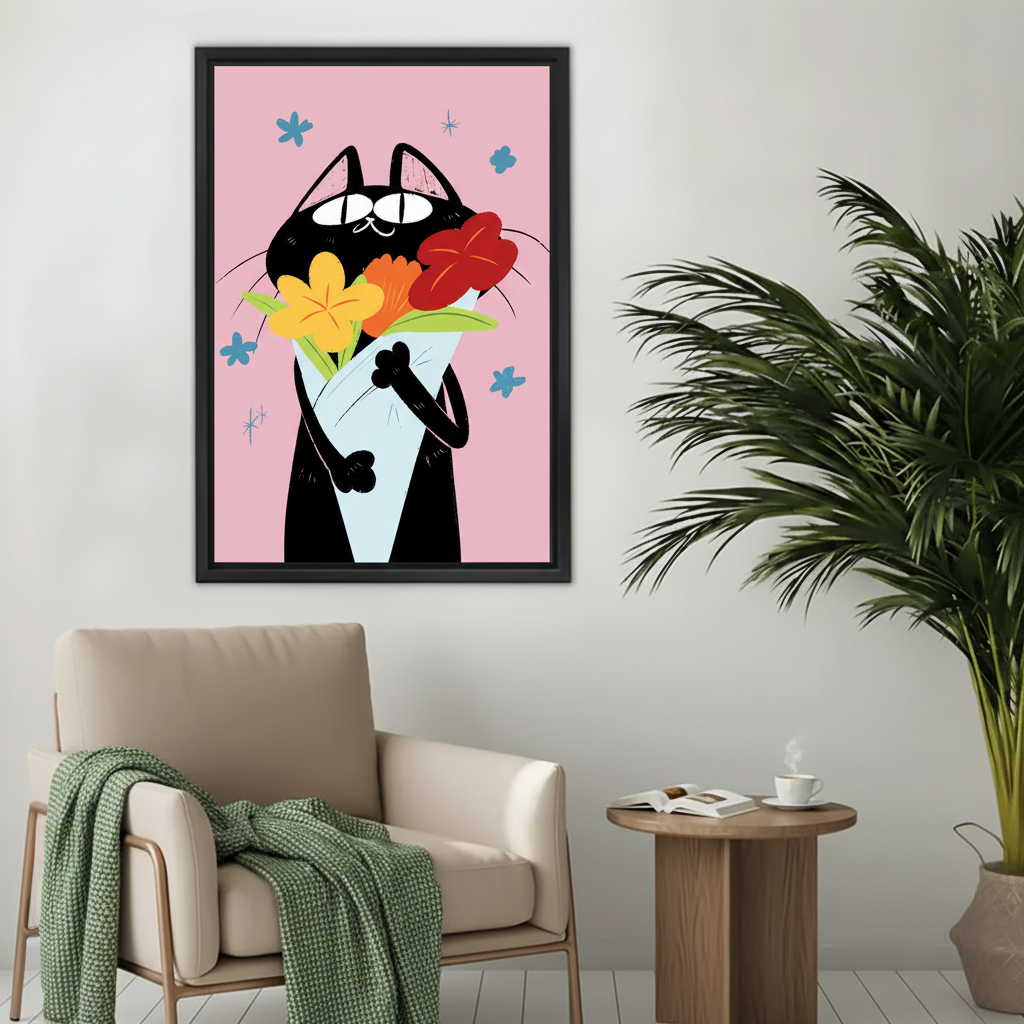 Black cat flower bouquet retro pink canvas print displayed in beige living room, sweet cat lover art