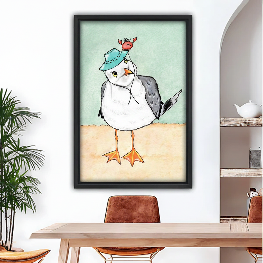 Whimsical seagull crab hat watercolor framed canvas wall art – black frame above modern dining table