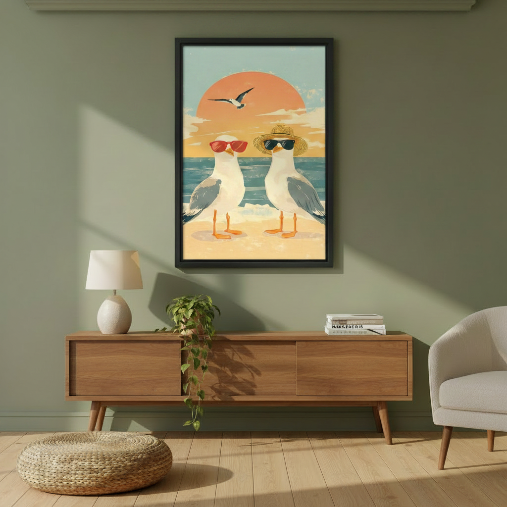 Retro beach seagulls in sunglasses canvas wall art in black frame above wooden sideboard on sage green wall in modern living room