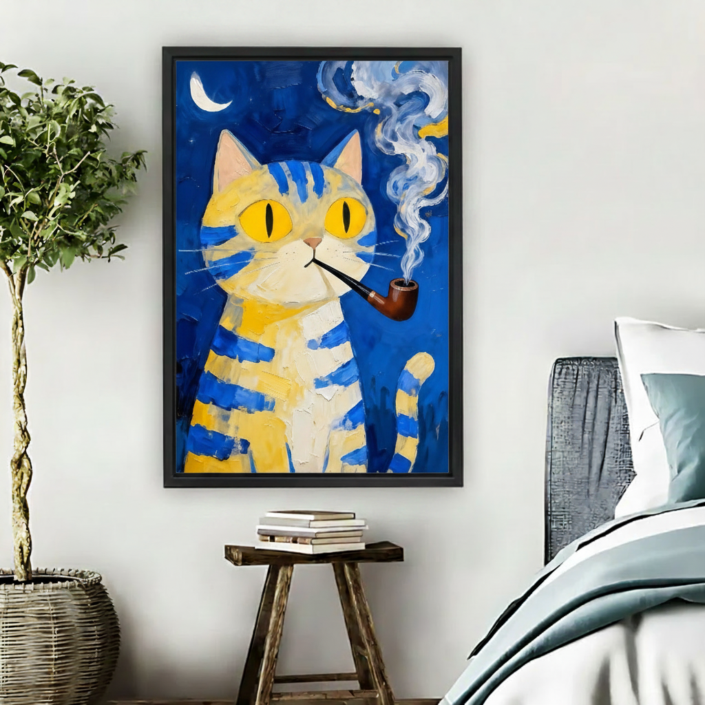Yellow blue striped cat oil painting canvas print above gray sofa