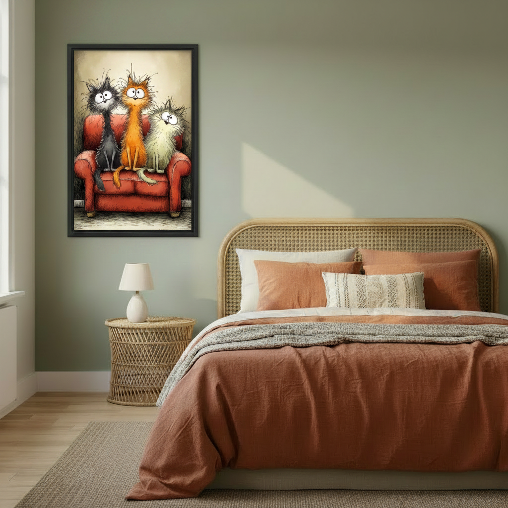 Three crazy cartoon cats on red sofa framed wall art – black frame, comic style, hung in bright Scandinavian living room with cream sofa and tropical plant